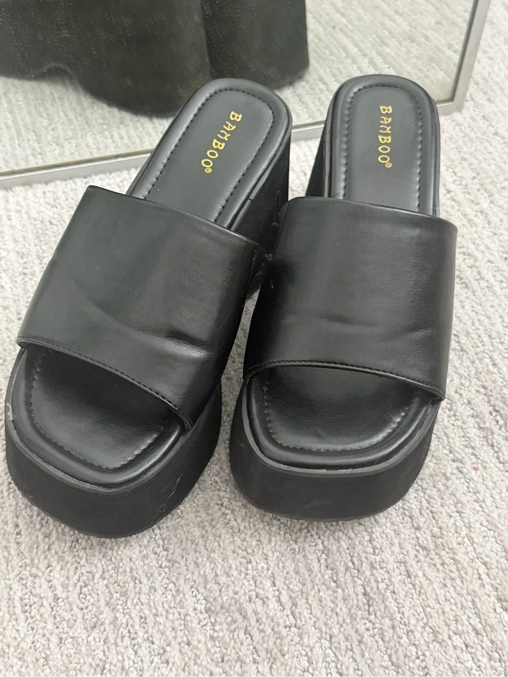 Miss Lola Black Platform Slide Wedges
